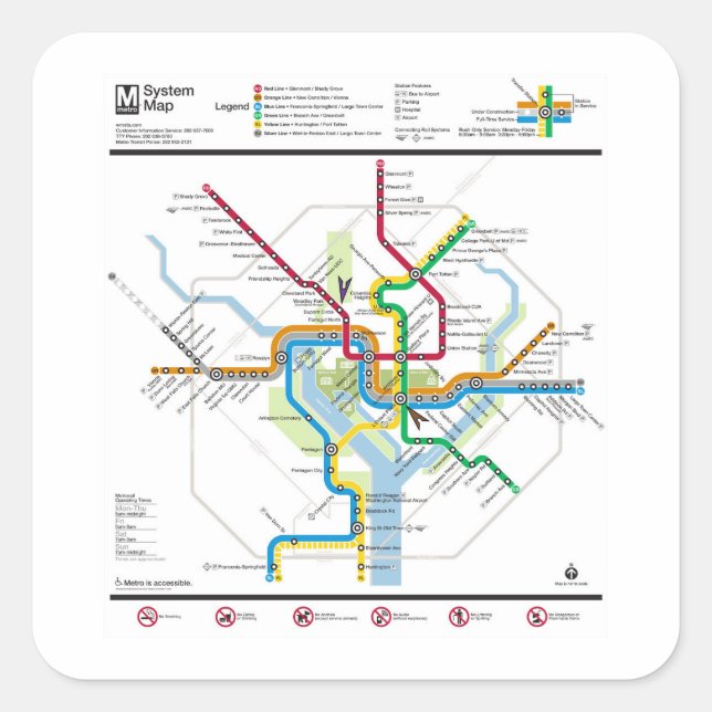 Pegatina Cuadrada Mapa del Metro de DC (Anverso)