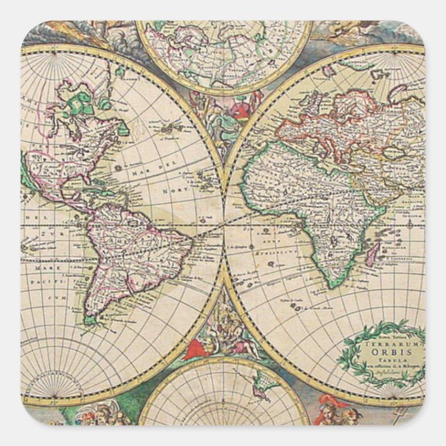 Pegatina Cuadrada Mapa del Mundo Antiguo (Anverso)