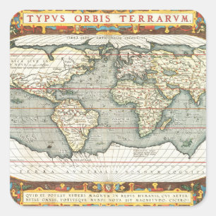 Pegatina Cuadrada Mapa del Mundo de Vintage de Abraham Ortelius 1587