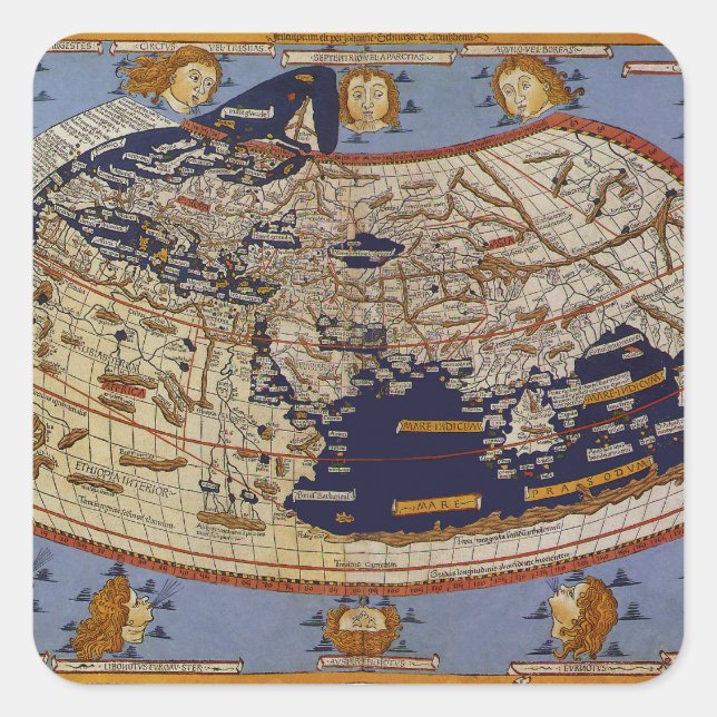 Pegatina Cuadrada Mapa del mundo ptolemaico antiguo, Johannes de Arn (Anverso)
