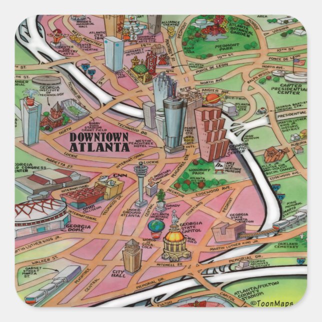 Pegatina Cuadrada Mapa del Personalizado del centro de Atlanta Georg (Anverso)