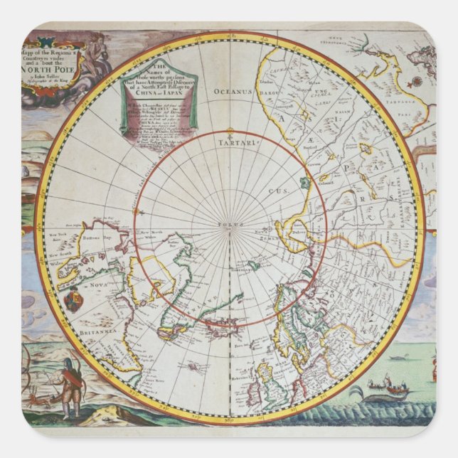 Pegatina Cuadrada Mapa del Polo Norte (Anverso)