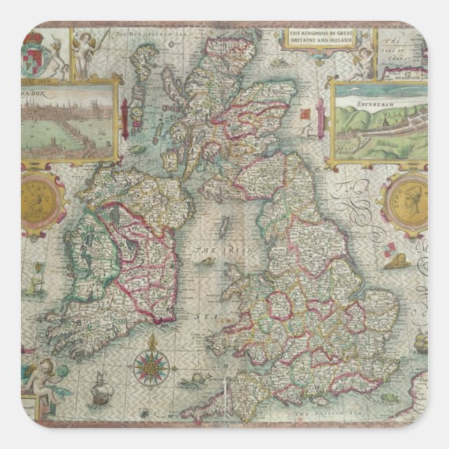 Pegatina Cuadrada Mapa del Reino de Gran Bretaña e Irlanda (Anverso)