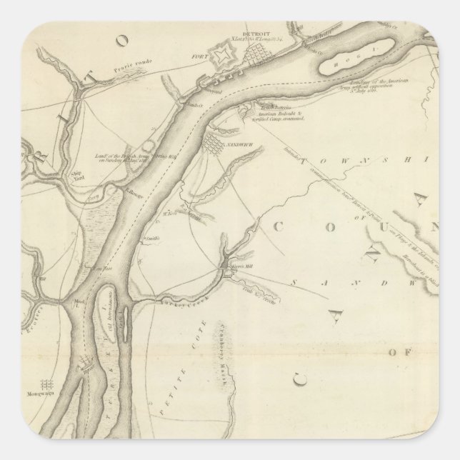 Pegatina Cuadrada Mapa del río Detroit (Anverso)