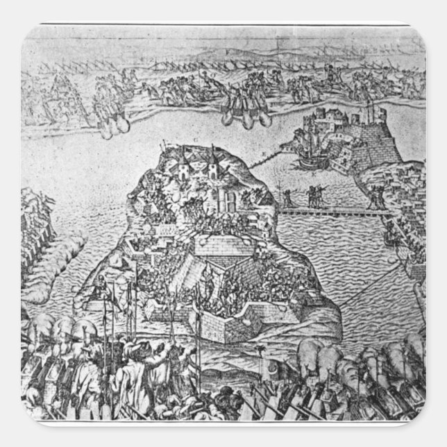 Pegatina Cuadrada Mapa del sitio de Malta en 1565 (Anverso)