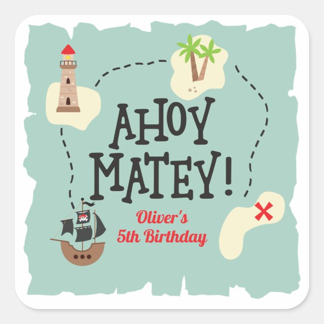 Pegatina Cuadrada Mapa del Tesoro Pirata Cumpleaños (Anverso)