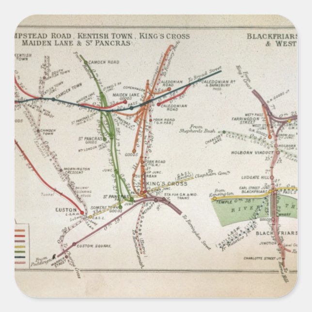 Pegatina Cuadrada Mapa del transporte de Londres, c.1915 (Anverso)