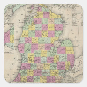Pegatina Cuadrada Mapa del vintage de Michigan (1853)