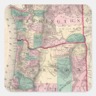 Pegatina Cuadrada Mapa del vintage de Washington y de Oregon (1875)