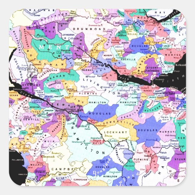 Pegatina Cuadrada Mapa escocés Foto de Clans escoceses (Anverso)
