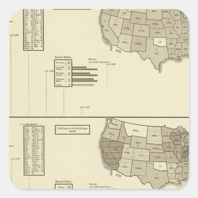 Pegatina Cuadrada Mapa estadístico de personas sordas, Paupers, Pris (Anverso)