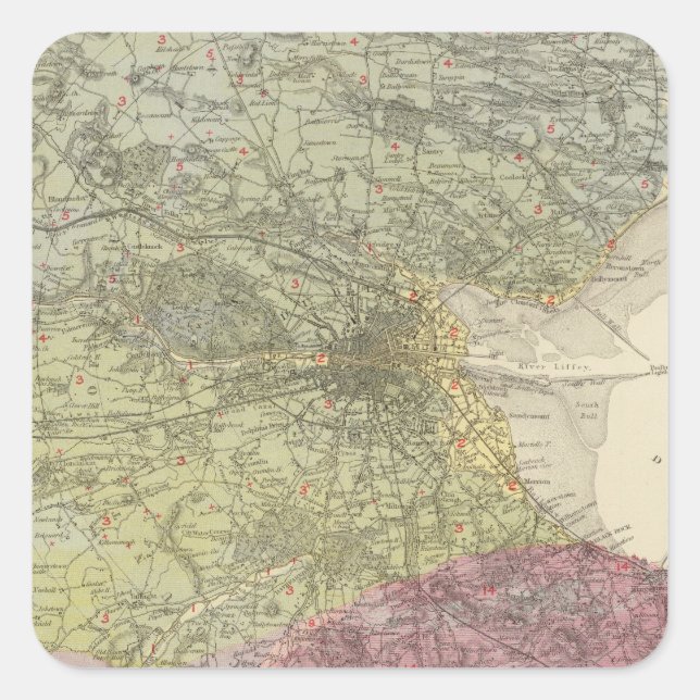 Pegatina Cuadrada Mapa geológico de Dublín (Anverso)