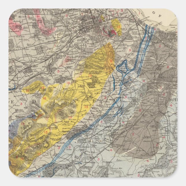 Pegatina Cuadrada Mapa geológico de Edimburgo (Anverso)