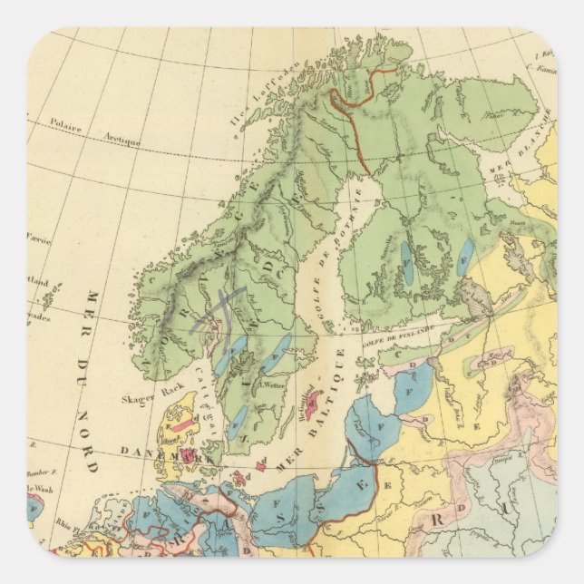 Pegatina Cuadrada Mapa geológico de Europa (Anverso)