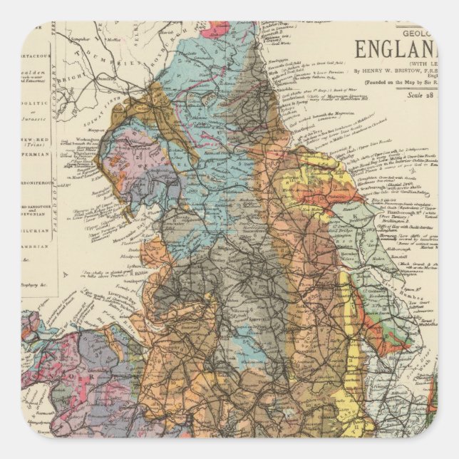 Pegatina Cuadrada Mapa geológico de Inglaterra, Gales (Anverso)