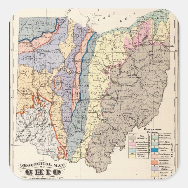 Pegatina Cuadrada Mapa geológico de Ohio (Anverso)