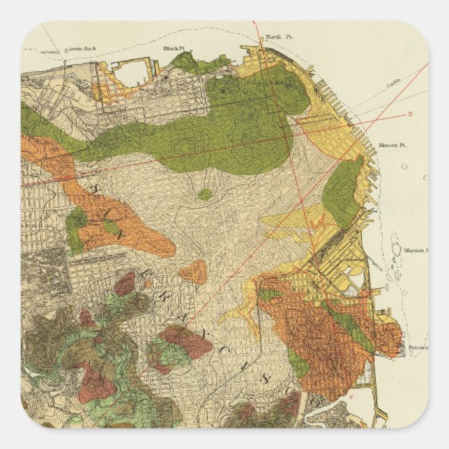 Pegatina Cuadrada Mapa geológico de San Francisco (Anverso)