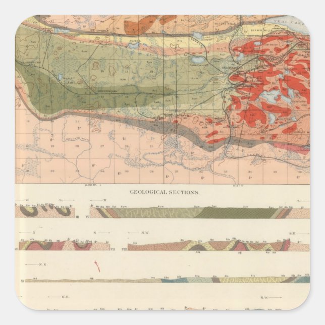 Pegatina Cuadrada Mapa geológico general del distrito de Marquette (Anverso)