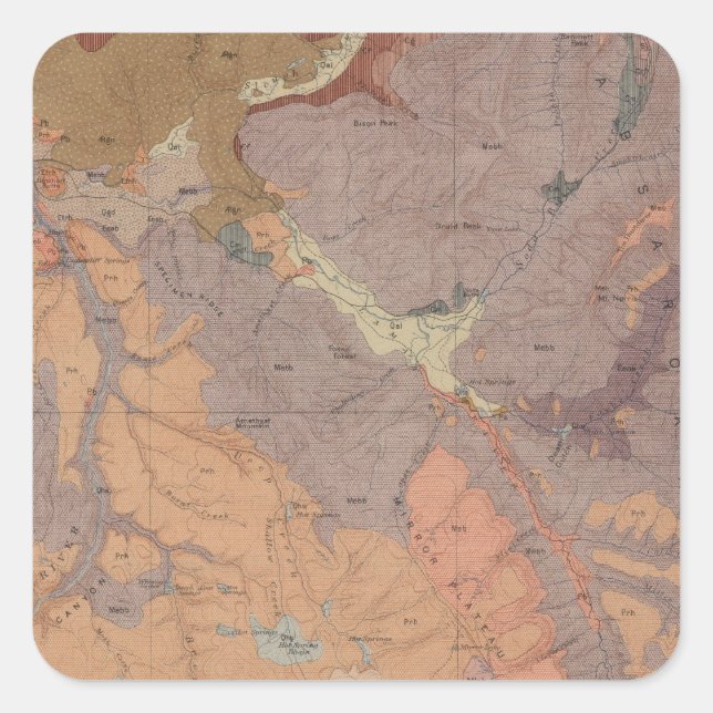 Pegatina Cuadrada Mapa geológico, Yellowstone National Part, Wyoming (Anverso)