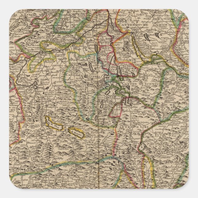 Pegatina Cuadrada Mapa grabado de Suiza (Anverso)