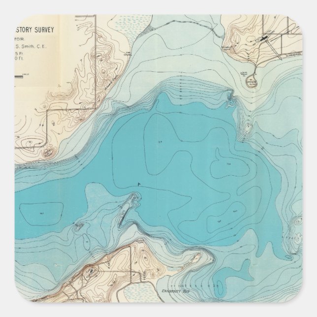 Pegatina Cuadrada Mapa hidrográfico Lago Mendota (Anverso)