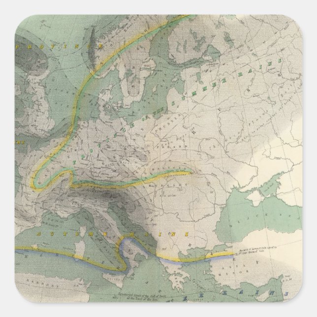 Pegatina Cuadrada Mapa hietográfico de Europa (Anverso)