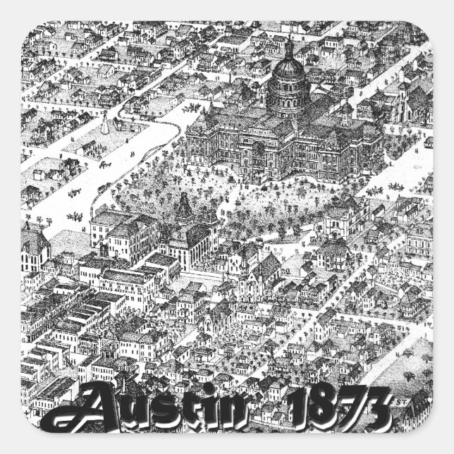 Pegatina Cuadrada Mapa histórico de Austin 1873 (Anverso)