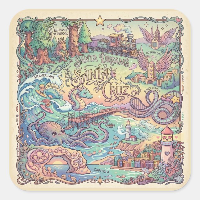Pegatina Cuadrada Mapa ilustrado de Santa Cruz California Dreamscape (Anverso)