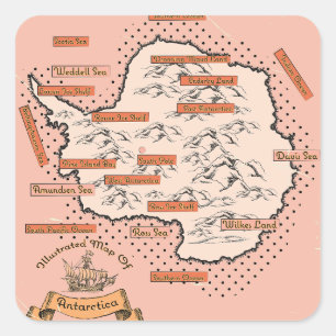 Pegatina Cuadrada Mapa ilustrado de viajes Antártida