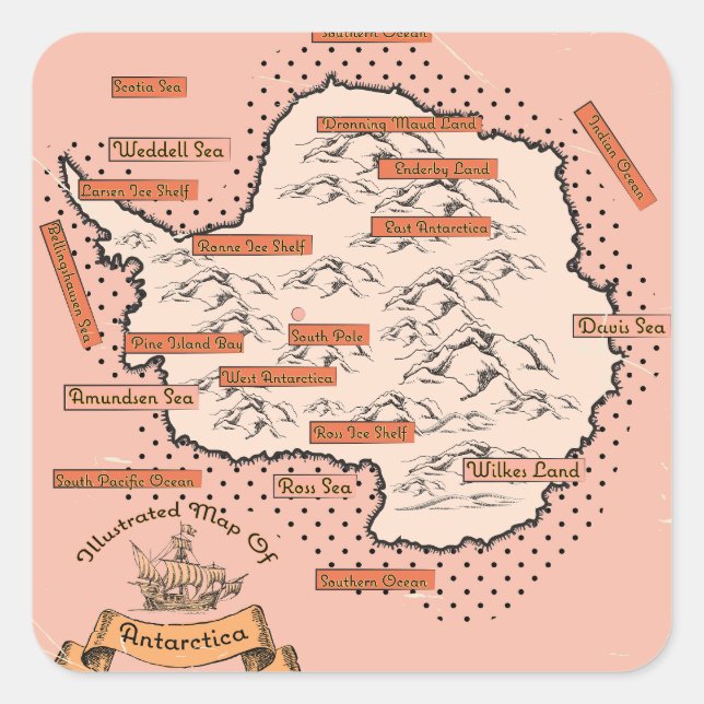Pegatina Cuadrada Mapa ilustrado de viajes Antártida (Anverso)