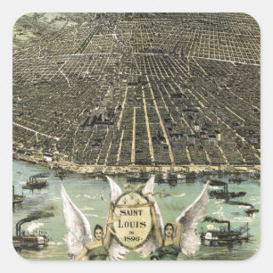 Pegatina Cuadrada Mapa ilustrado del vintage de St. Louis (1896)