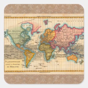 Pegatina Cuadrada Mapa Mundial 1780 Planisferio Antiguo de Bonne