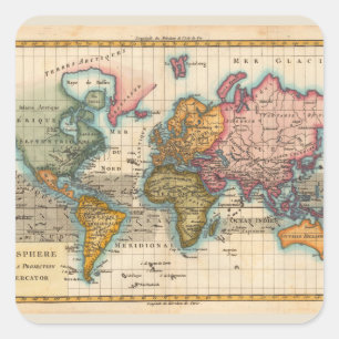 Pegatina Cuadrada Mapa Mundial 1780 Planisferio Antiguo de Bonne