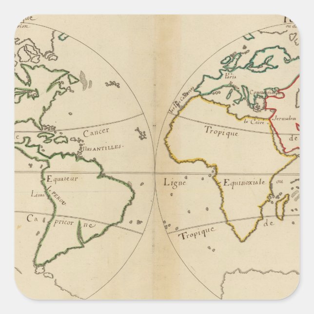 Pegatina Cuadrada Mapa mundial con trópicos (Anverso)