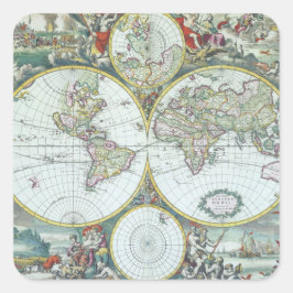 Pegatina Cuadrada Mapa Mundial de Antigüedades del Siglo XVII, Frede