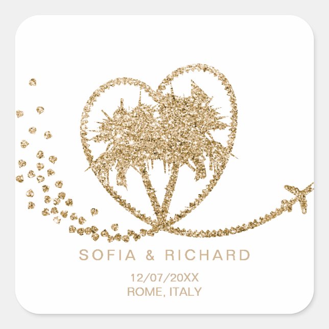 Pegatina Cuadrada Mapa mundial de Pasaporte de Destino de Boda de Pa (Anverso)