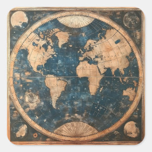 Pegatina Cuadrada Mapa mundial del doble hemisferio azul y oro vinta