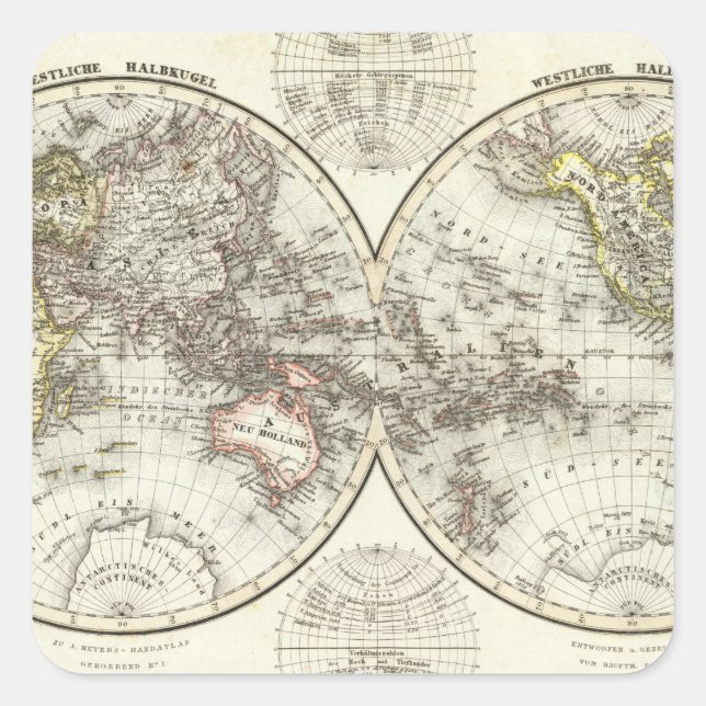 Pegatina Cuadrada Mapa Mundial del Hemisferio Doble (Anverso)