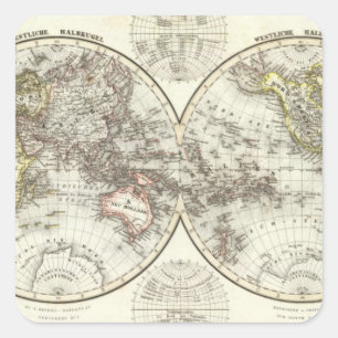 Pegatina Cuadrada Mapa Mundial del Hemisferio Doble