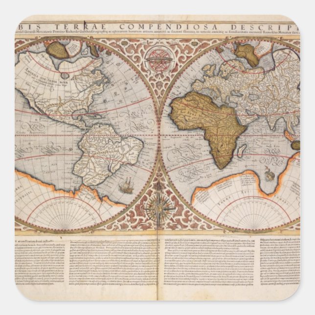 Pegatina Cuadrada Mapa Mundial del Hemisferio Doble, 1587 (Anverso)