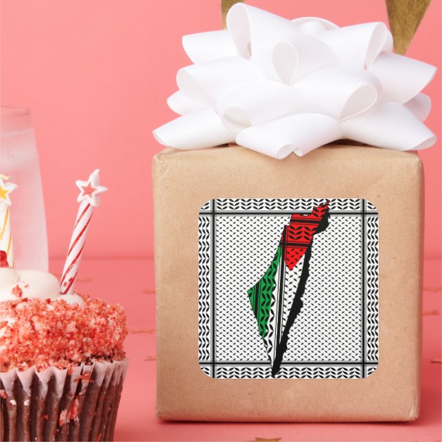 Pegatina Cuadrada Mapa palestino con bandera y patrón de Keffiyeg (Fiesta)