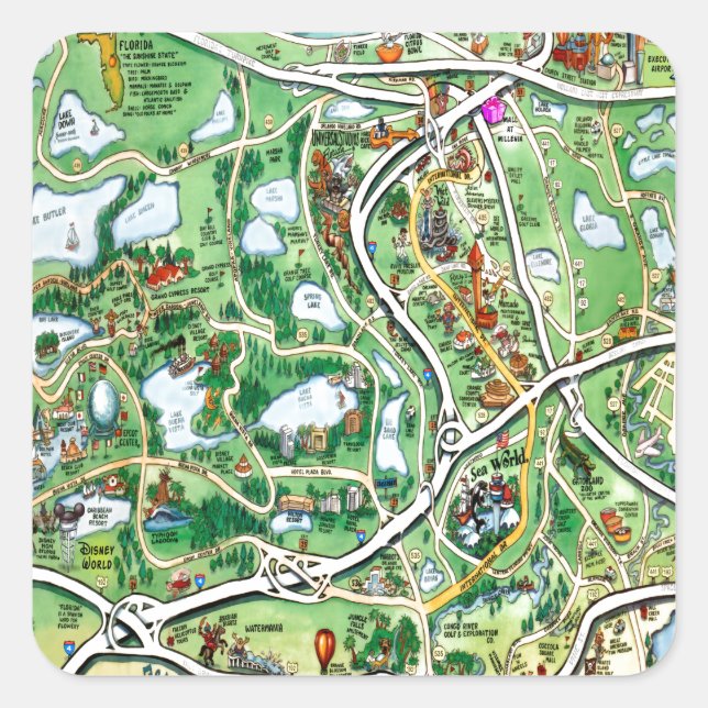 Pegatina Cuadrada Mapa Personalizado de Orlando Florida (Anverso)