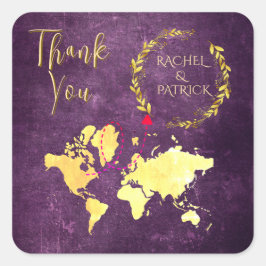 Pegatina Cuadrada Mapa Personalizado de Viaje de Amor Boda