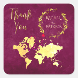 Pegatina Cuadrada Mapa Personalizado de Viaje de Amor Boda