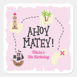 Pegatina Cuadrada Mapa Pirata Cumpleaños Rosa