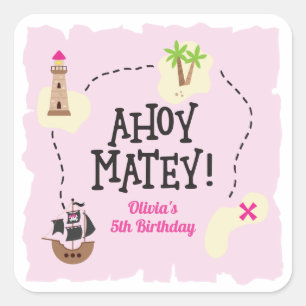 Pegatina Cuadrada Mapa Pirata Cumpleaños Rosa