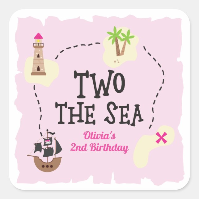 Pegatina Cuadrada Mapa Pirata Dos al Mar Cumpleaños Rosa (Anverso)