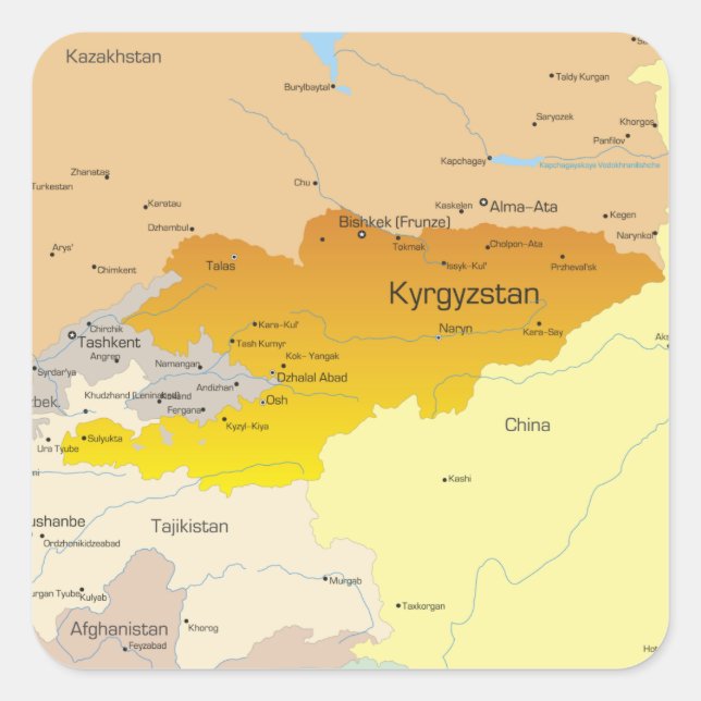 Pegatina Cuadrada Mapa político de Kirguistán y Asia Central (Anverso)