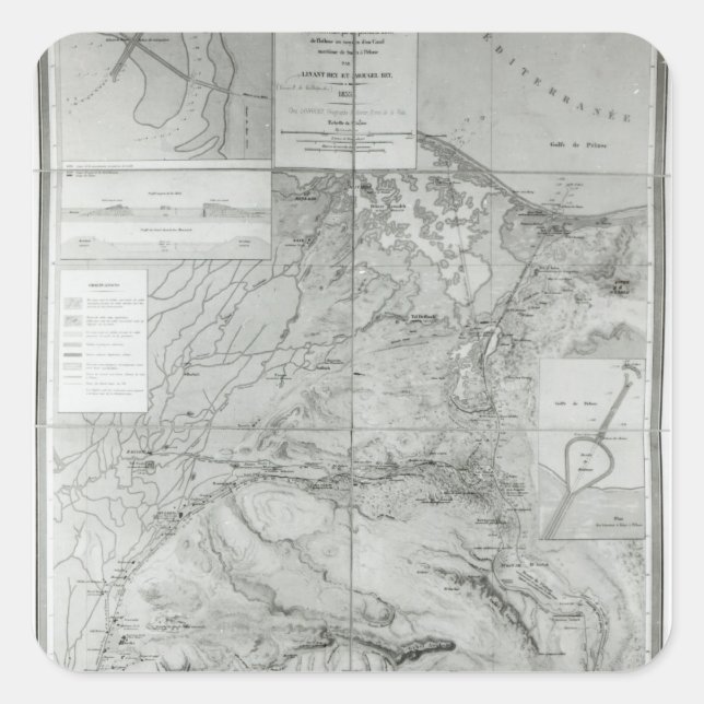 Pegatina Cuadrada Mapa preparatorio del Canal de Suez, 1855 (Anverso)