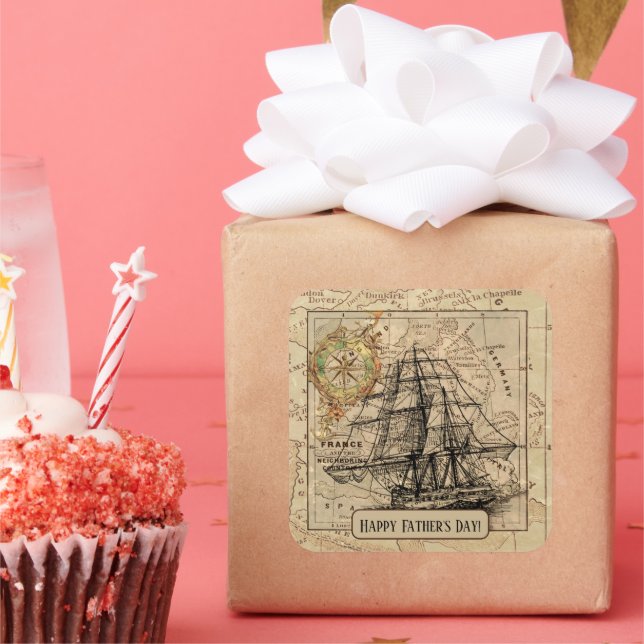 Pegatina Cuadrada Mapa Vintage de Navegación Náutica (Fiesta)